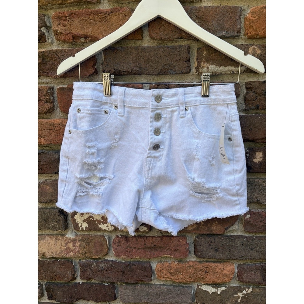 Francesca's White Distressed High Rise Denim Jean Shorts Size 26‎ Button Fly